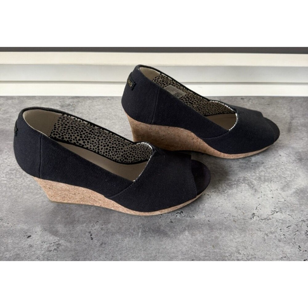 TOMS Women Black Cotton Peep-Toe Platform Cork Wedge  Heel US 8 M - Picture 8 of 11